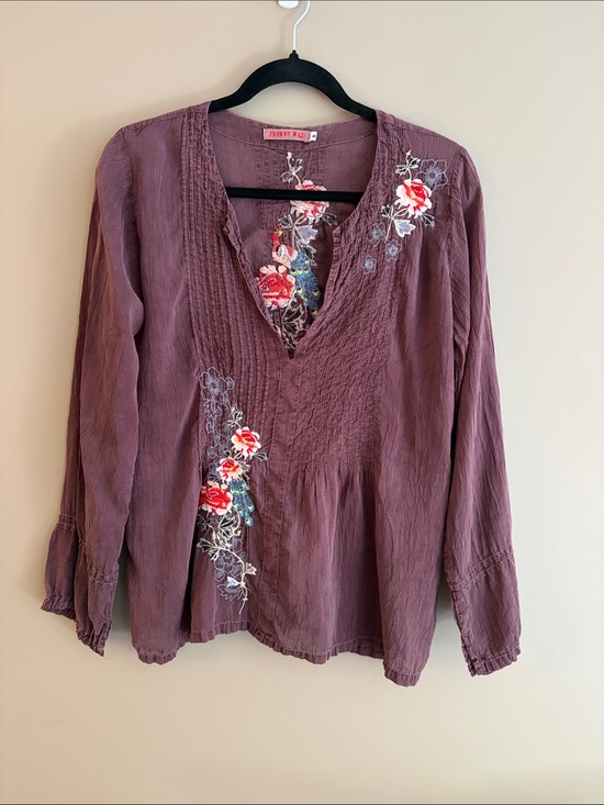 Johnny Was Tops - Johnny Was Plum Embroidered V-Neck Tunic Top with Red Floral Accents